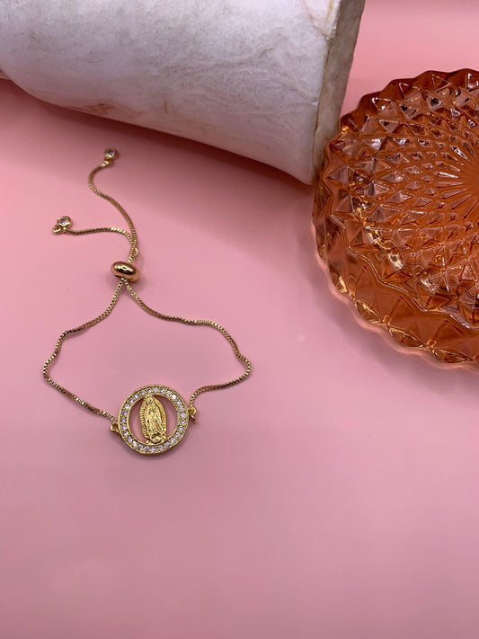 Small Round Virgin Mary adjustable bracelet gold filled/ pulsera de Virgen Oro laminado