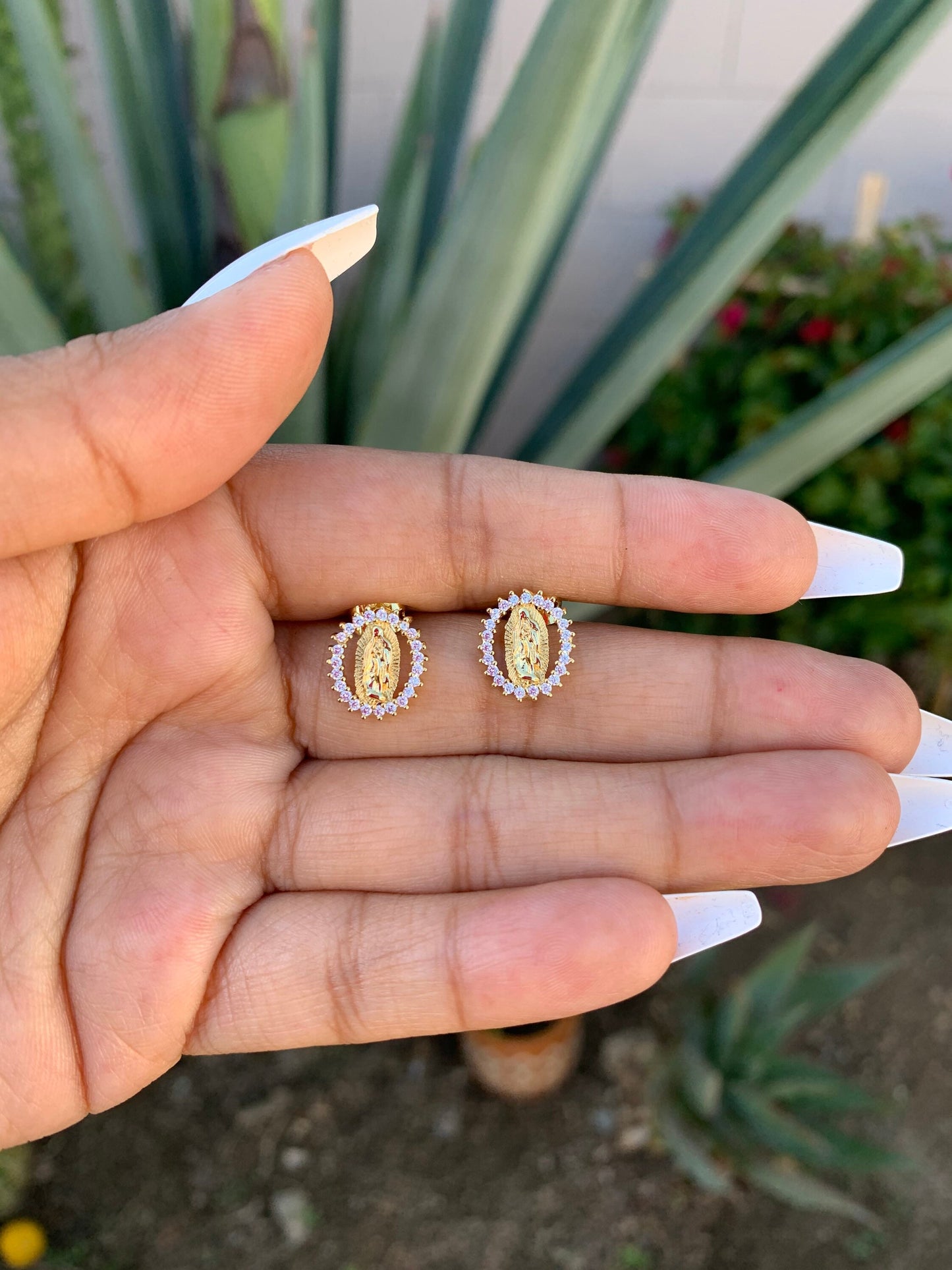 Virgin Mary White stud Earrings. Virgin Mary gold plated earrings