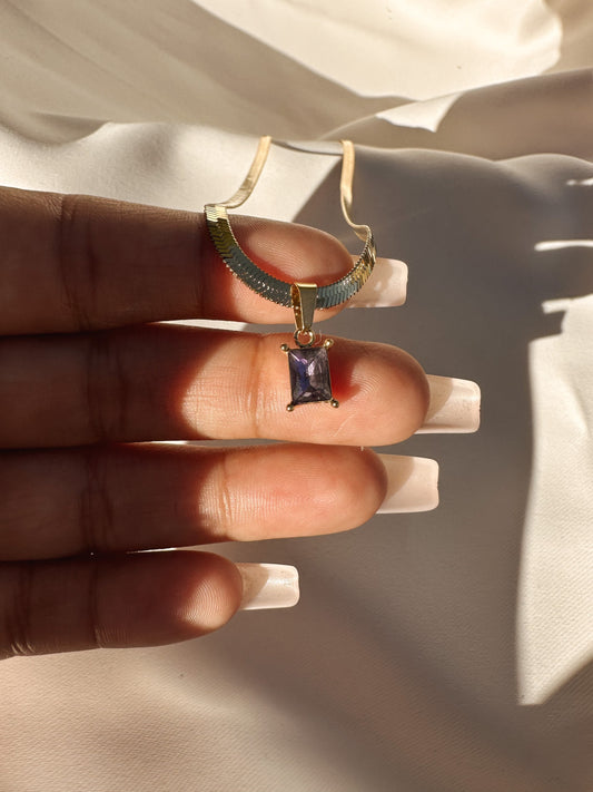 Stainless steel purple CZ pendant herringbone necklace/ stainless steel pendant necklace