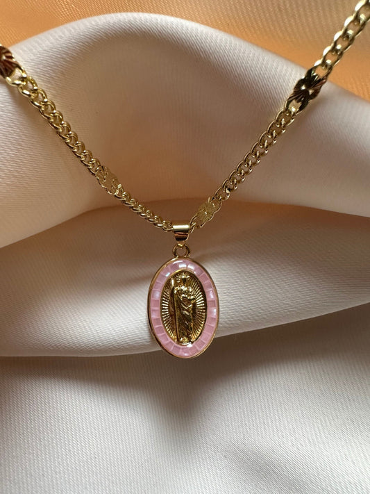 St. Jude pink necklace. Cadena de San Judas Tadeo, gold plated
