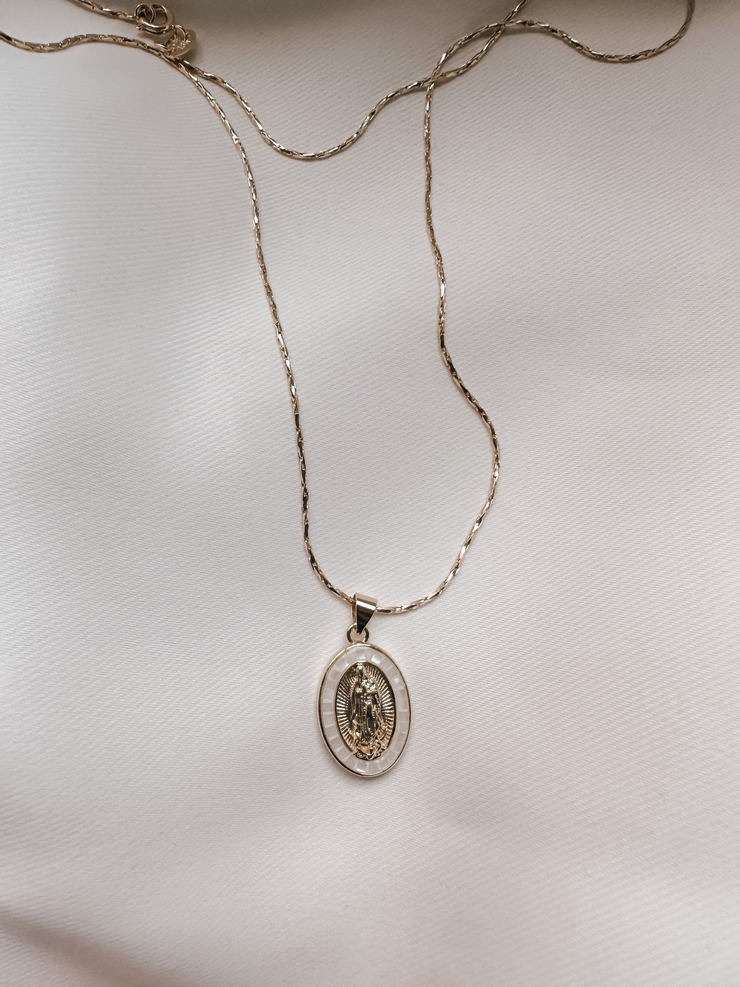 White Virgin Mary Necklace. Gold plated  Virgin Mary necklace gold filled chain cadena de virgencita blanca