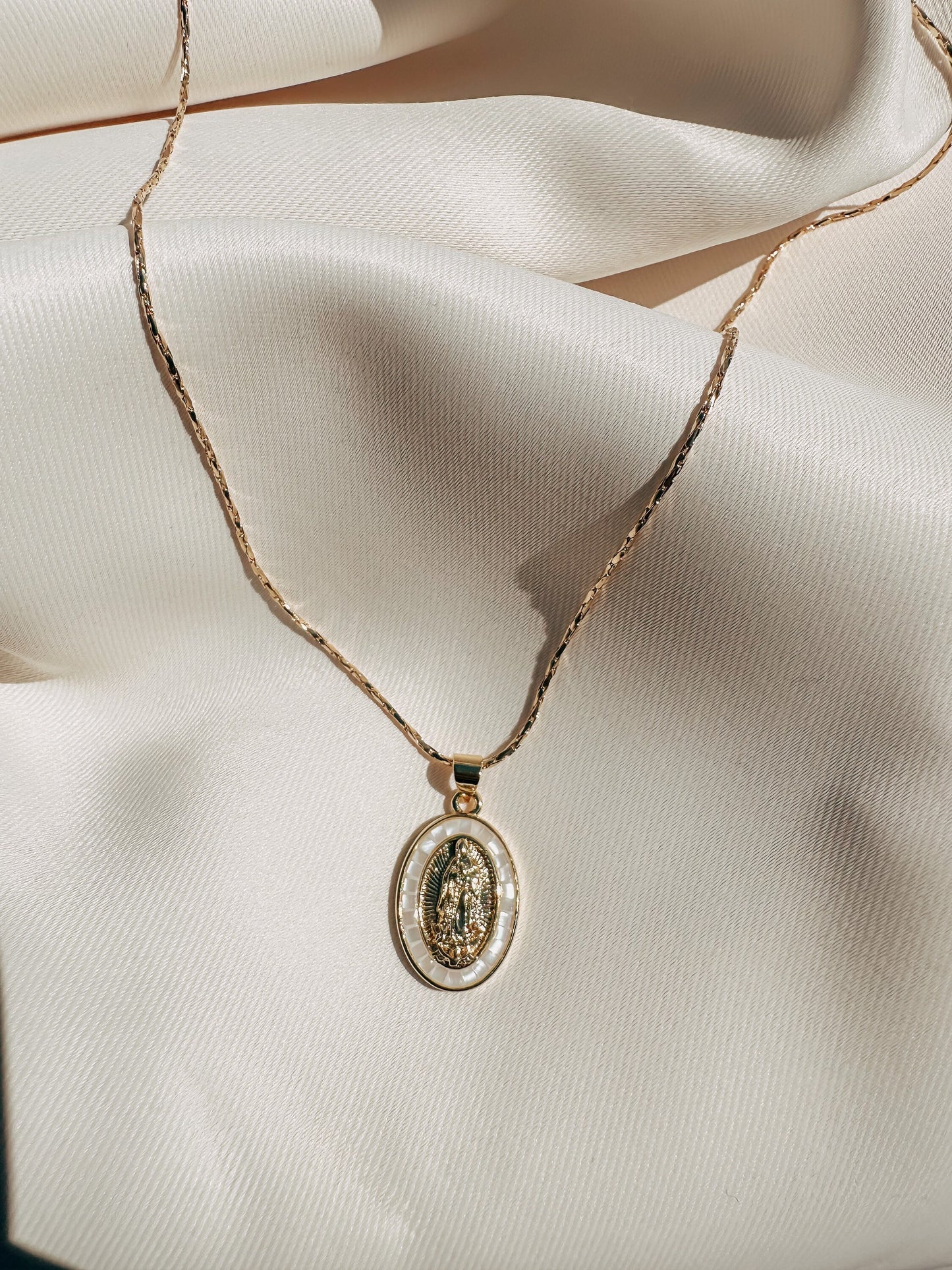 White Virgin Mary Necklace. Gold plated  Virgin Mary necklace gold filled chain cadena de virgencita blanca