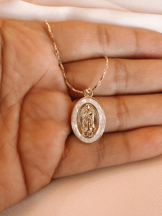 White Virgin Mary Necklace. Gold plated  Virgin Mary necklace gold filled chain cadena de virgencita blanca