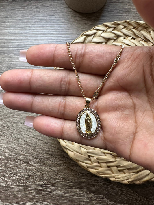White Virgin Mary Necklace. Gold plated Virgin Mary necklace. Small Virgin Mary necklace