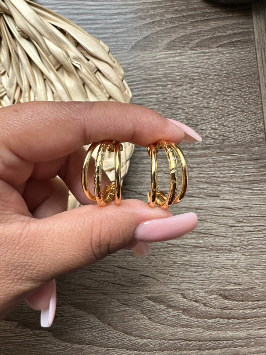 Triple hoop earrings, gold plated hoops