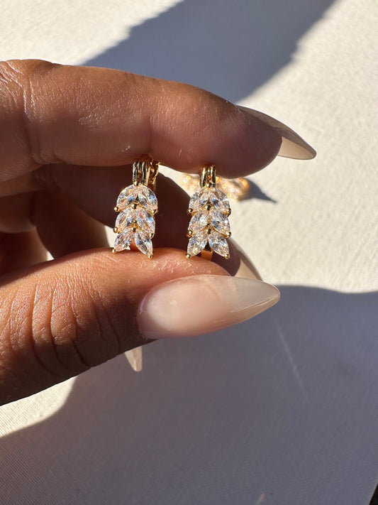 White leaf huggie earrings, gold filled cubic zirconia earrings, huggie earrings