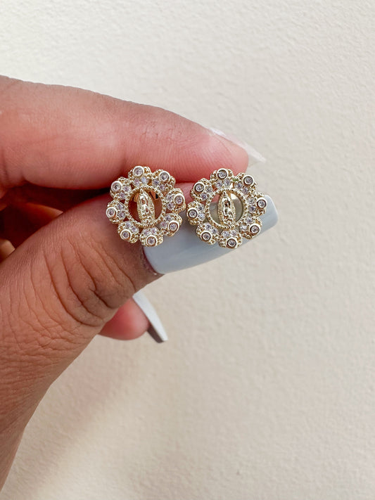 Round flowery Virgin Mary stud Earrings. Virgin Mary gold plated earrings,virgin Mary earrings