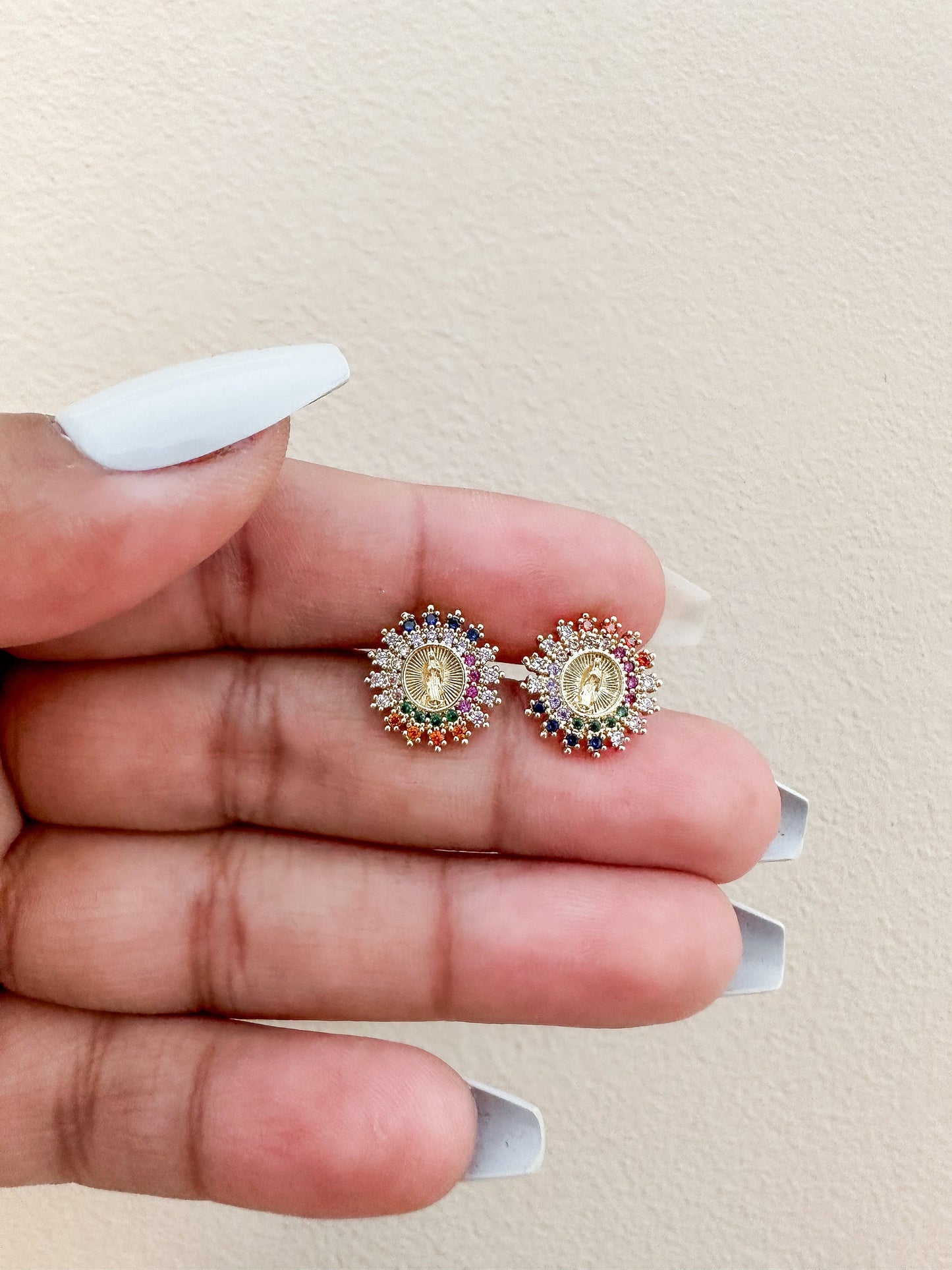 Small colorful Virgin Mary sun Earrings. Virgin Mary gold plated earrings,virgin Mary earrings