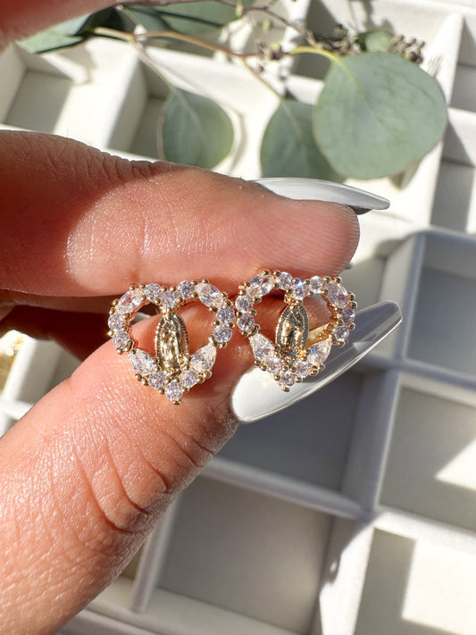 Virgin Mary white heart shaped stud Earrings. Virgin Mary gold plated earrings