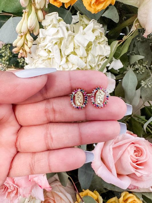 Virgin Mary Colorful stud Earrings. Virgin Mary gold filled earrings